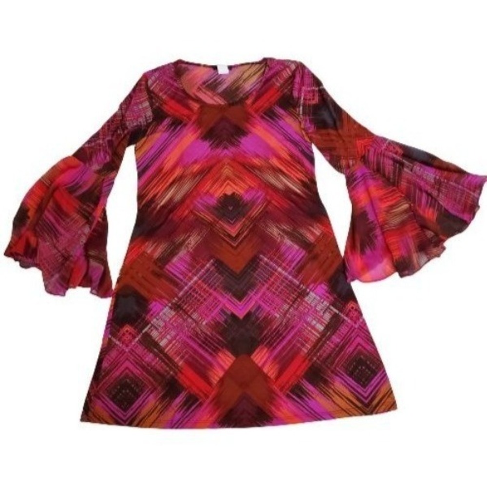 MSK Women's Pink Red Orange Print Sheer Bell Sleeve Cocktail Dress Size Medium - Picture 2 of 11